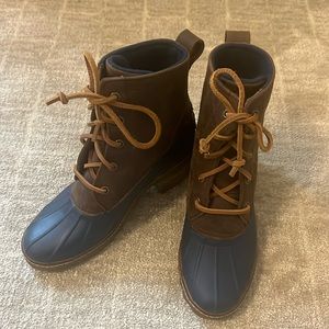 Navy and brown Sperry boots